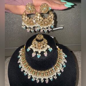 Pastels Crystal Choker Set with Earrings and Tikka Indian/Pakistani traditional